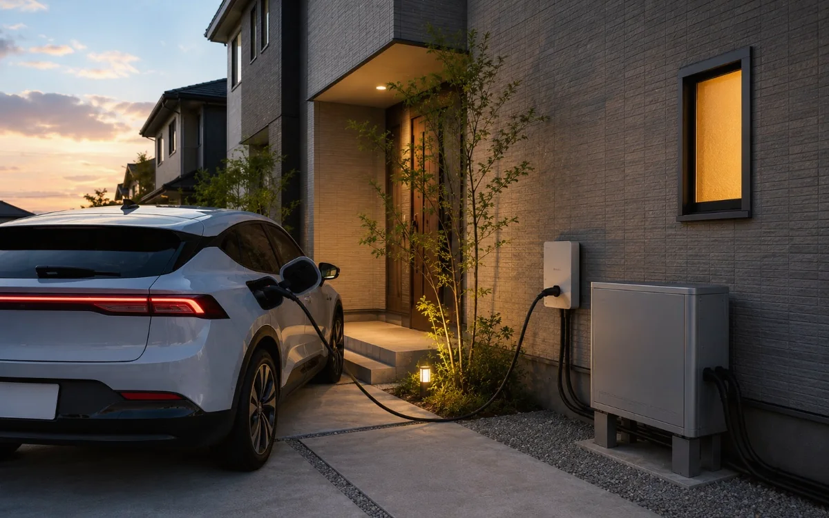 玄関先で電気自動車を充電する住宅（V2H）